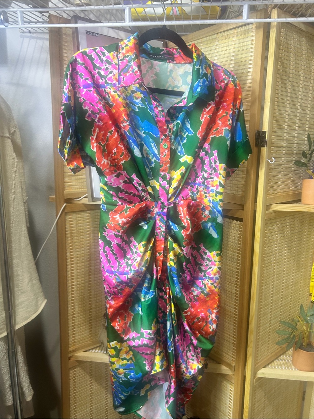 AKIRA Green Multicolor Tie-Waist Mini Shirt Dress - Picture 2 of 10